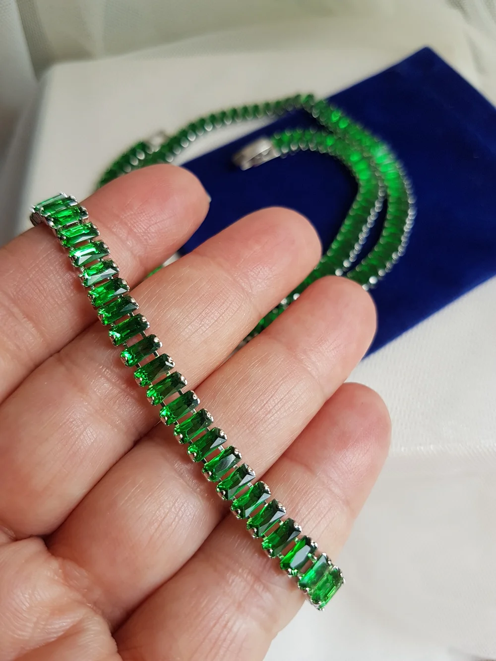Swarovski Elements Silver Emerald Green Emerald-cut Baguette Tennis Bracelet NEW